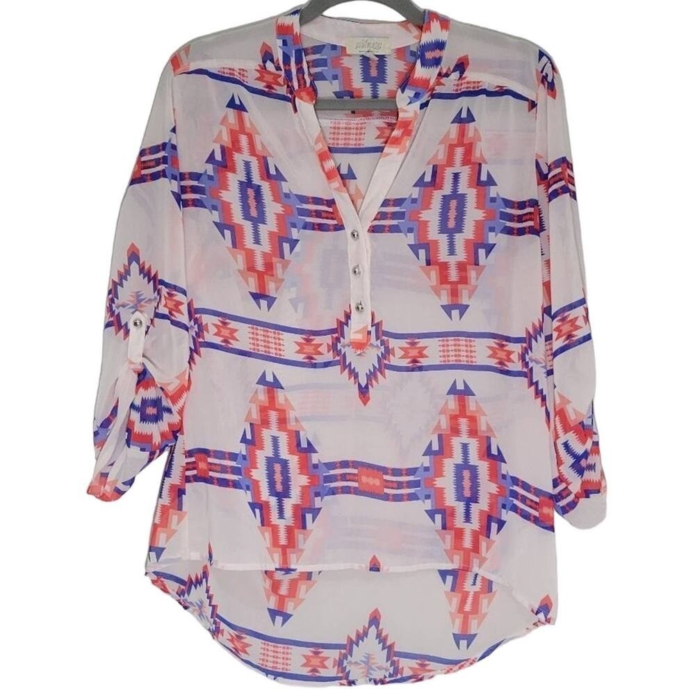 Soulmates Geometric Print Tunic Top Blouse L White Red Blue Roll Tab Sleeve